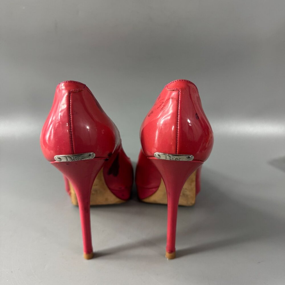 Dior Miss Dior Pink Coral Patent Leather Peep Toe Stiletto Heels Pumps size 38.5 - Picture 6 of 13